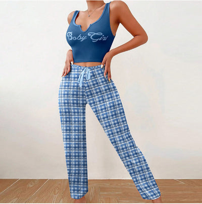 Spring Summer Women's Casual Pajamas Home Wear Vest Color Matching Plaid Trousers Letter Print Top Ladies 2 Pcs