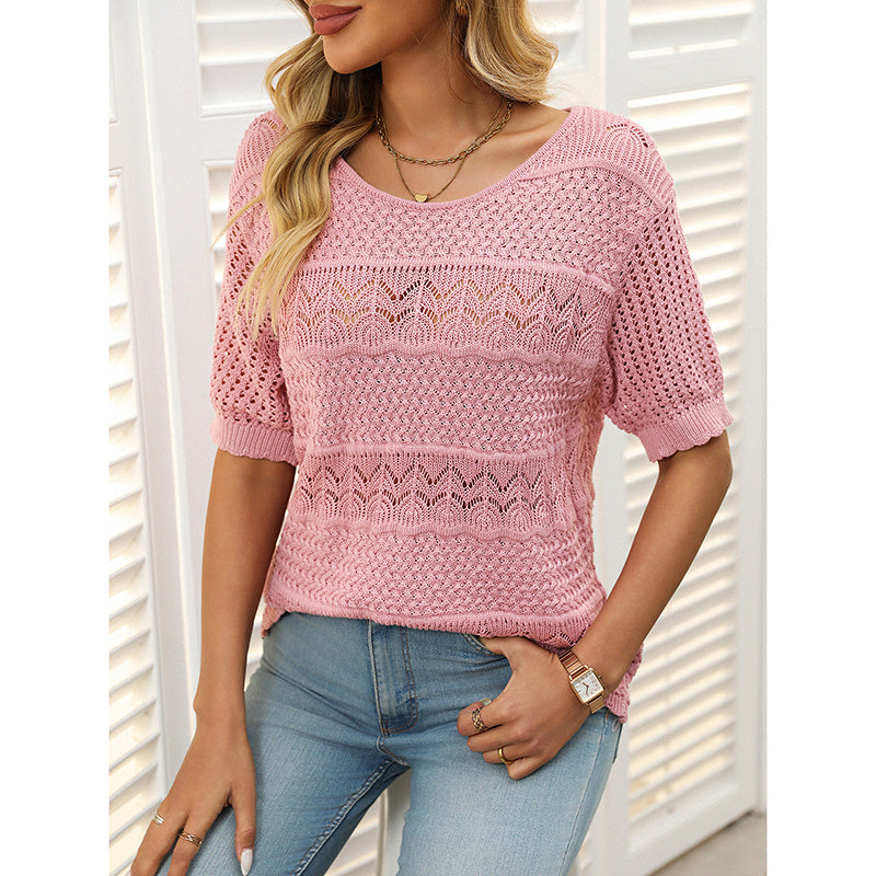 Crew Neck Crochet Knit Blouse T Shirts