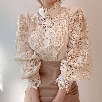 Vintage Pearl Button Lace Blouse - Puff Sleeve Semi-Sheer Ruffled Stand Collar Shirt