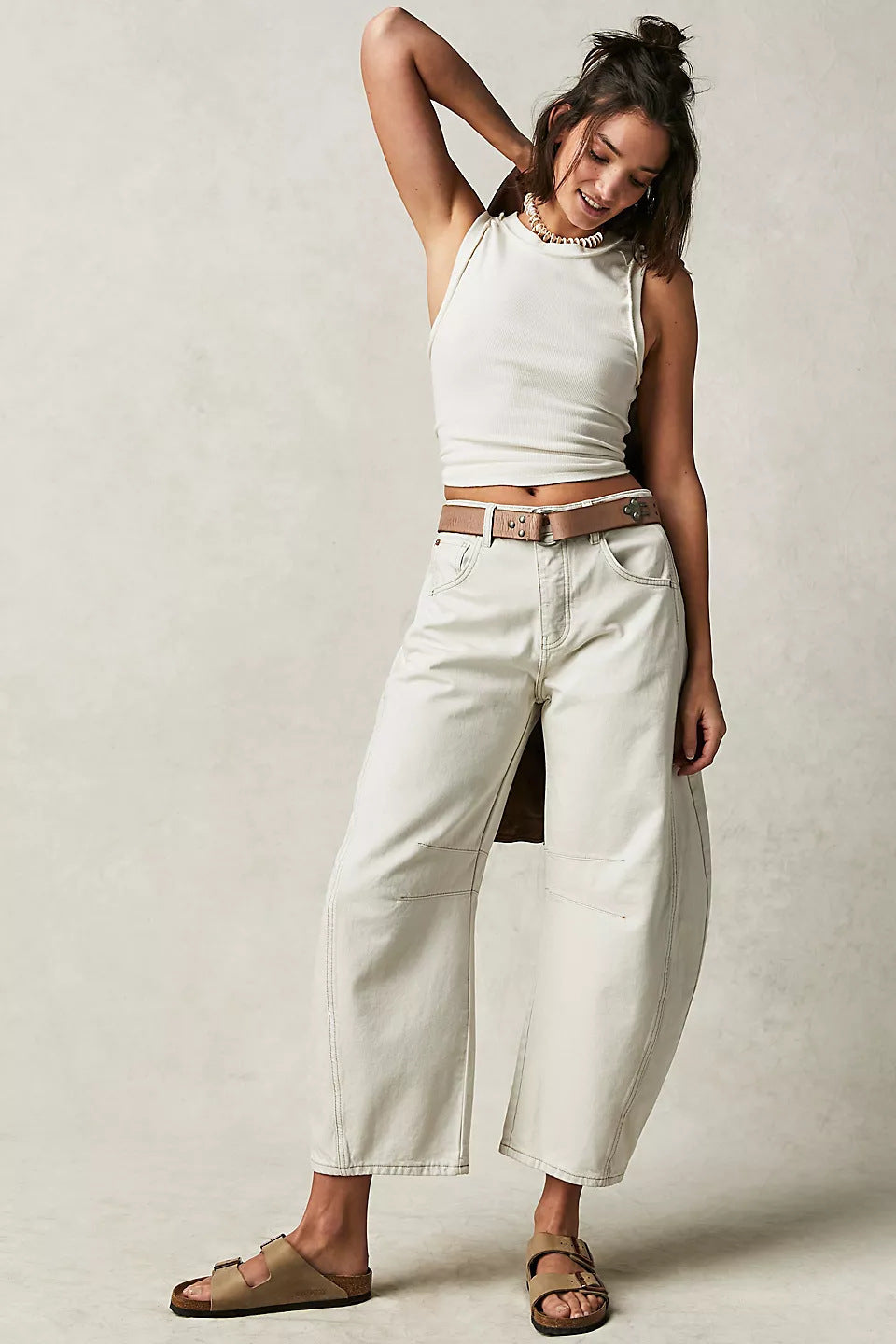 High Stretch Mid-Rise Barrel Jeans Fashion Wide Leg Shape Women Casual
