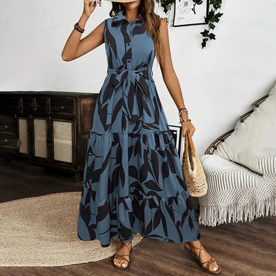 Women Sleeveless Boho Floral Button Shirt V Neck Flowy Belted Maxi Dress