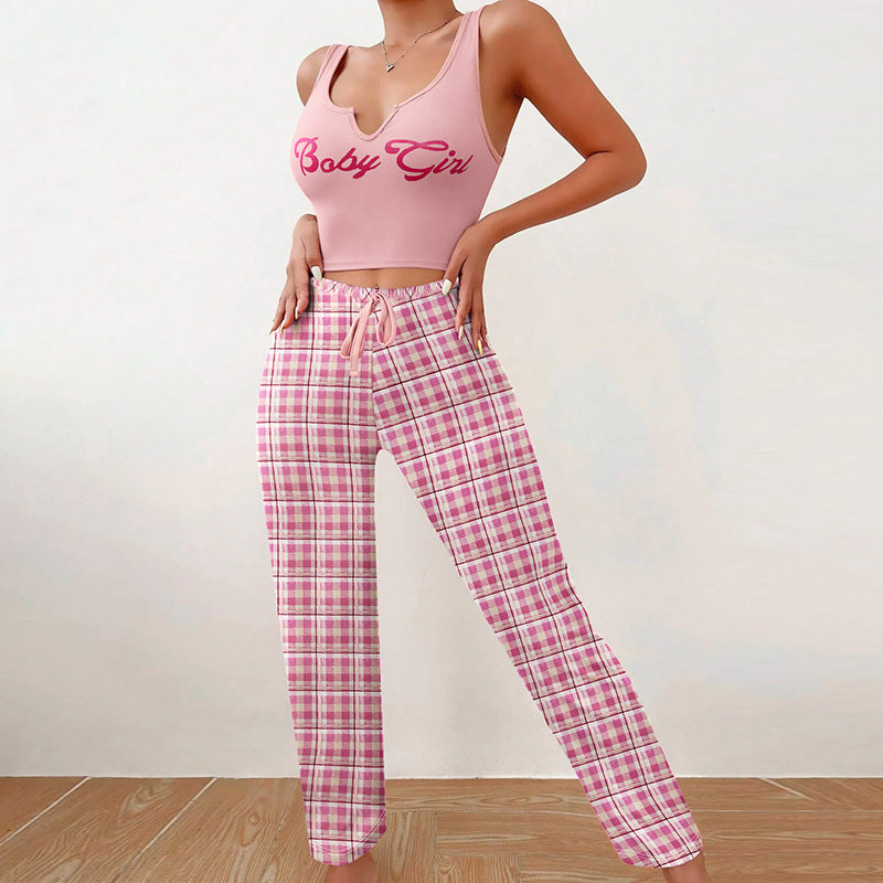 Spring Summer Women's Casual Pajamas Home Wear Vest Color Matching Plaid Trousers Letter Print Top Ladies 2 Pcs