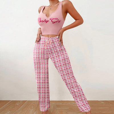 Spring Summer Women's Casual Pajamas Home Wear Vest Color Matching Plaid Trousers Letter Print Top Ladies 2 Pcs