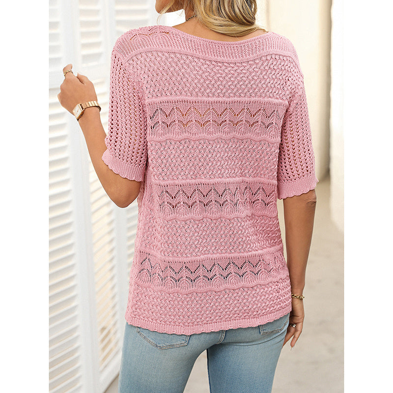 Crew Neck Crochet Knit Blouse T Shirts