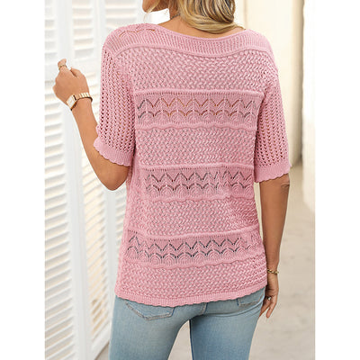 Crew Neck Crochet Knit Blouse T Shirts