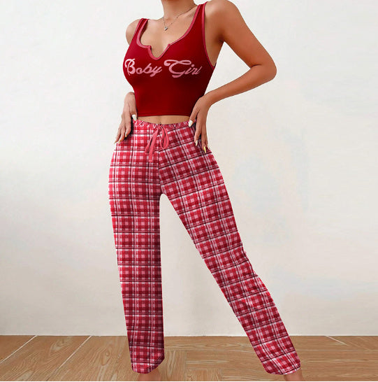 Spring Summer Women's Casual Pajamas Home Wear Vest Color Matching Plaid Trousers Letter Print Top Ladies 2 Pcs