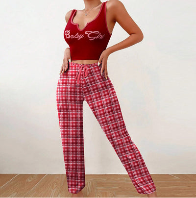 Spring Summer Women's Casual Pajamas Home Wear Vest Color Matching Plaid Trousers Letter Print Top Ladies 2 Pcs