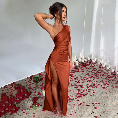 One-shoulder Backless Slit Dress Summer Elegant Slim-fit Solid Color Satin