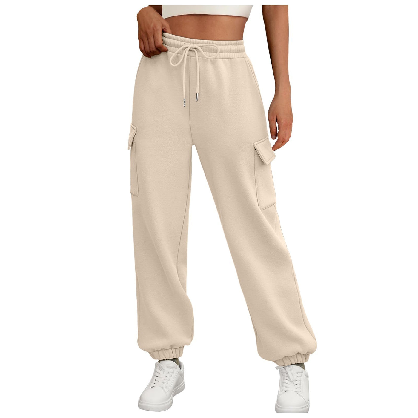 Thick Drawstring Cargo Sweatpants – High-Waist Soft Fleece Joggers with Pockets