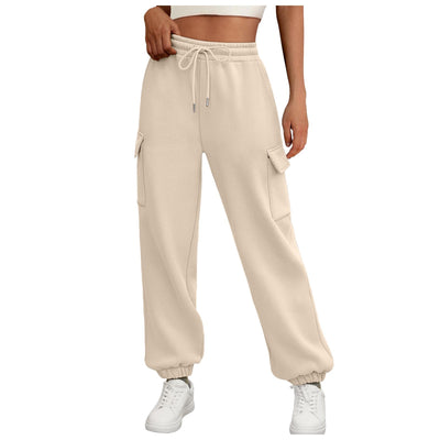 Thick Drawstring Cargo Sweatpants – High-Waist Soft Fleece Joggers with Pockets