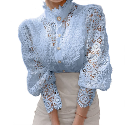 Vintage Pearl Button Lace Blouse - Puff Sleeve Semi-Sheer Ruffled Stand Collar Shirt