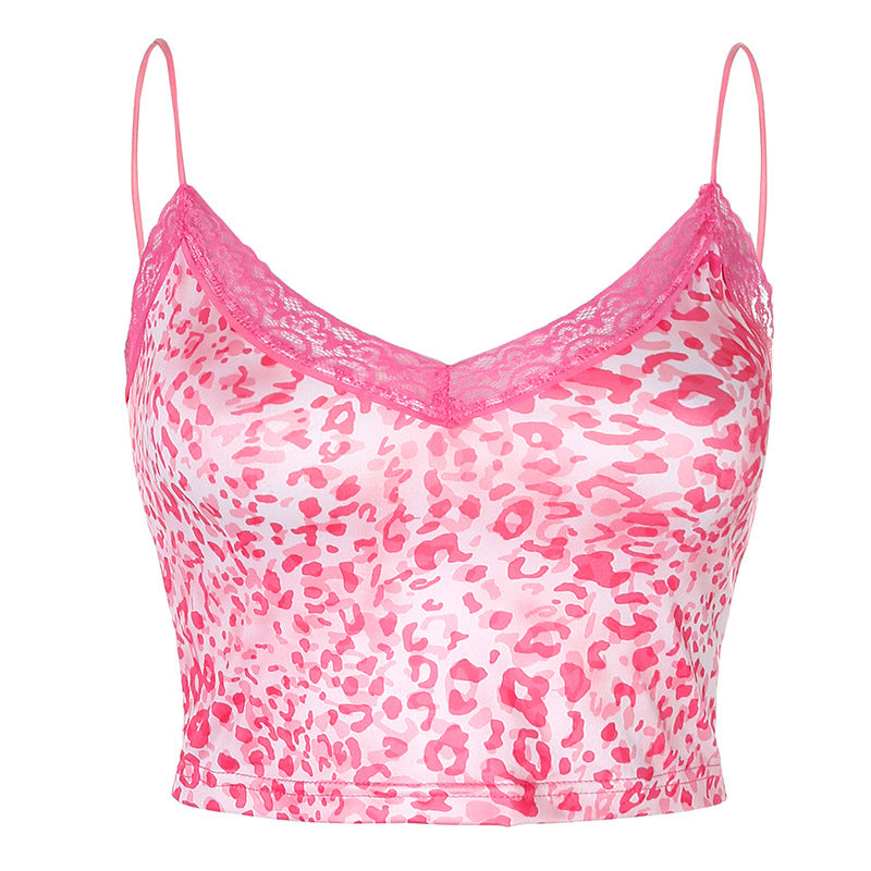 Leopard Print Lace Trim Camisole – Sexy Slim Fit Crop Tank Top (S–L)
