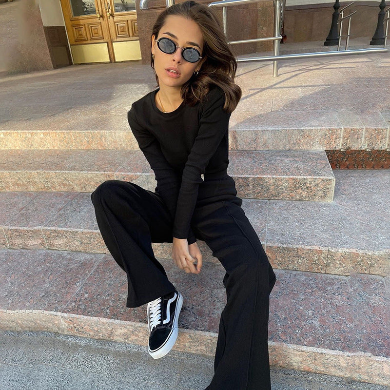 Fashion Round Neck Long Sleeve Solid Color T-shirt Slim Straight Trouser Set