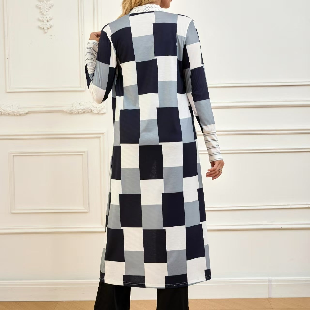 Women's Jacket Color Block Long Outer Sleeve Cardigan Casual Open Front Coat