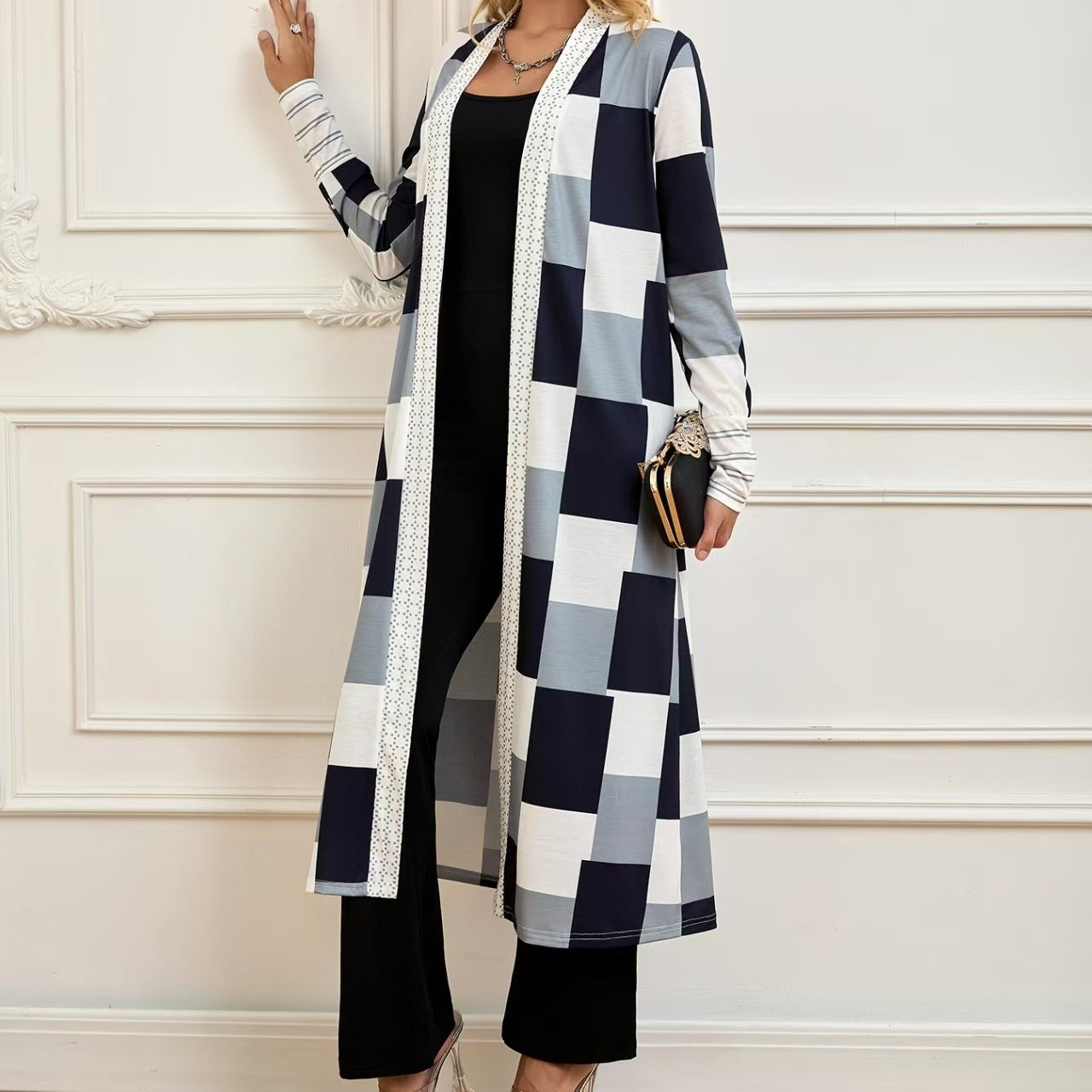 Women's Jacket Color Block Long Outer Sleeve Cardigan Casual Open Front Coat