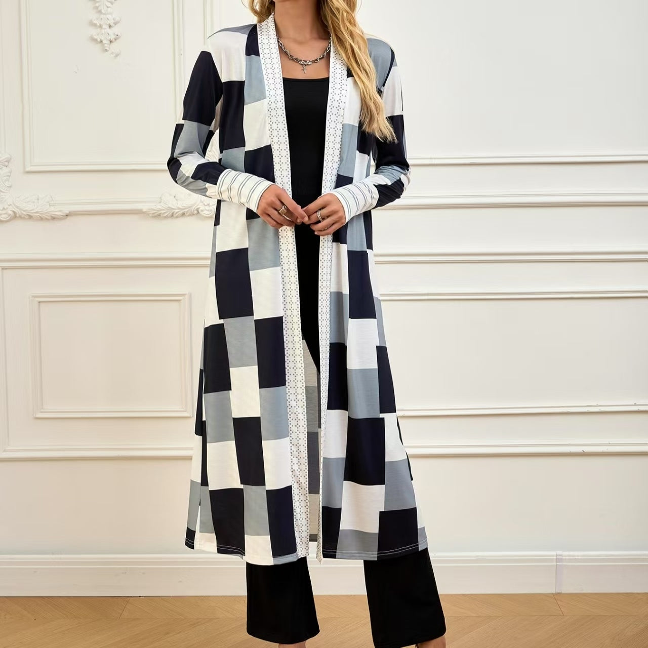 Women's Jacket Color Block Long Outer Sleeve Cardigan Casual Open Front Coat