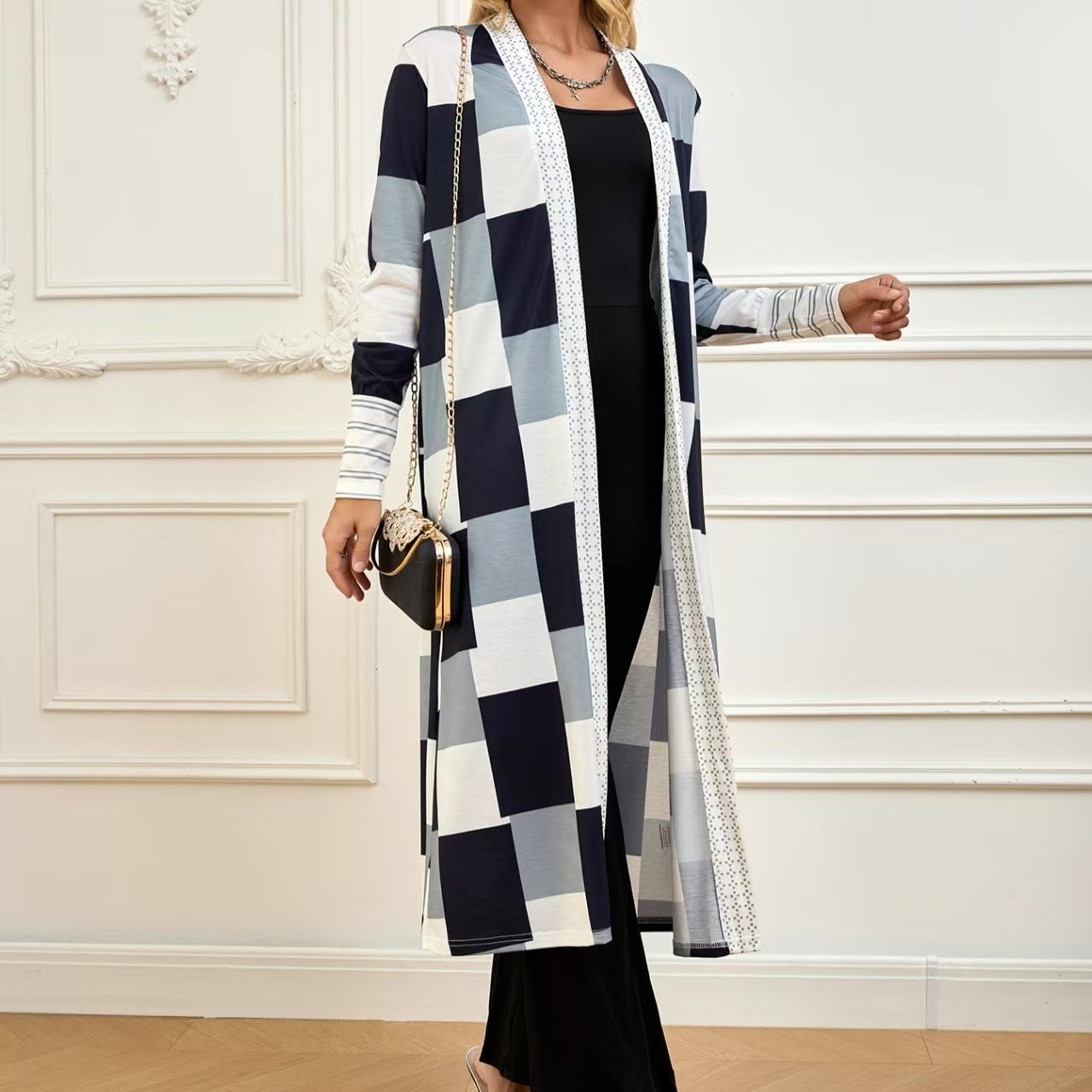 Women's Jacket Color Block Long Outer Sleeve Cardigan Casual Open Front Coat