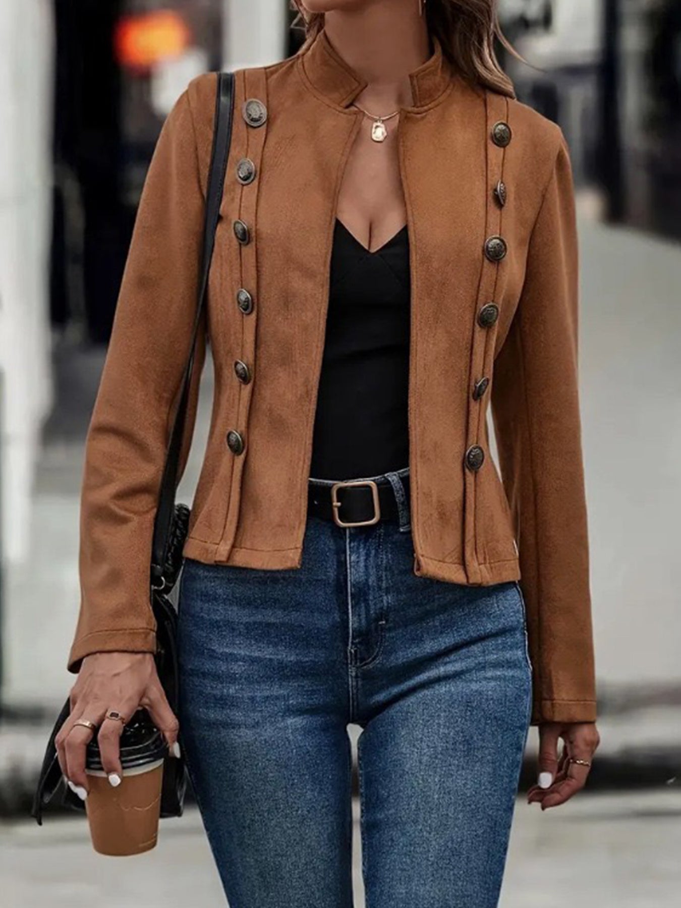 Brown Elegant Double-breasted Jacket - High Neck, Buttoned Placket, Micro-elastic, Street Style Solid Color
