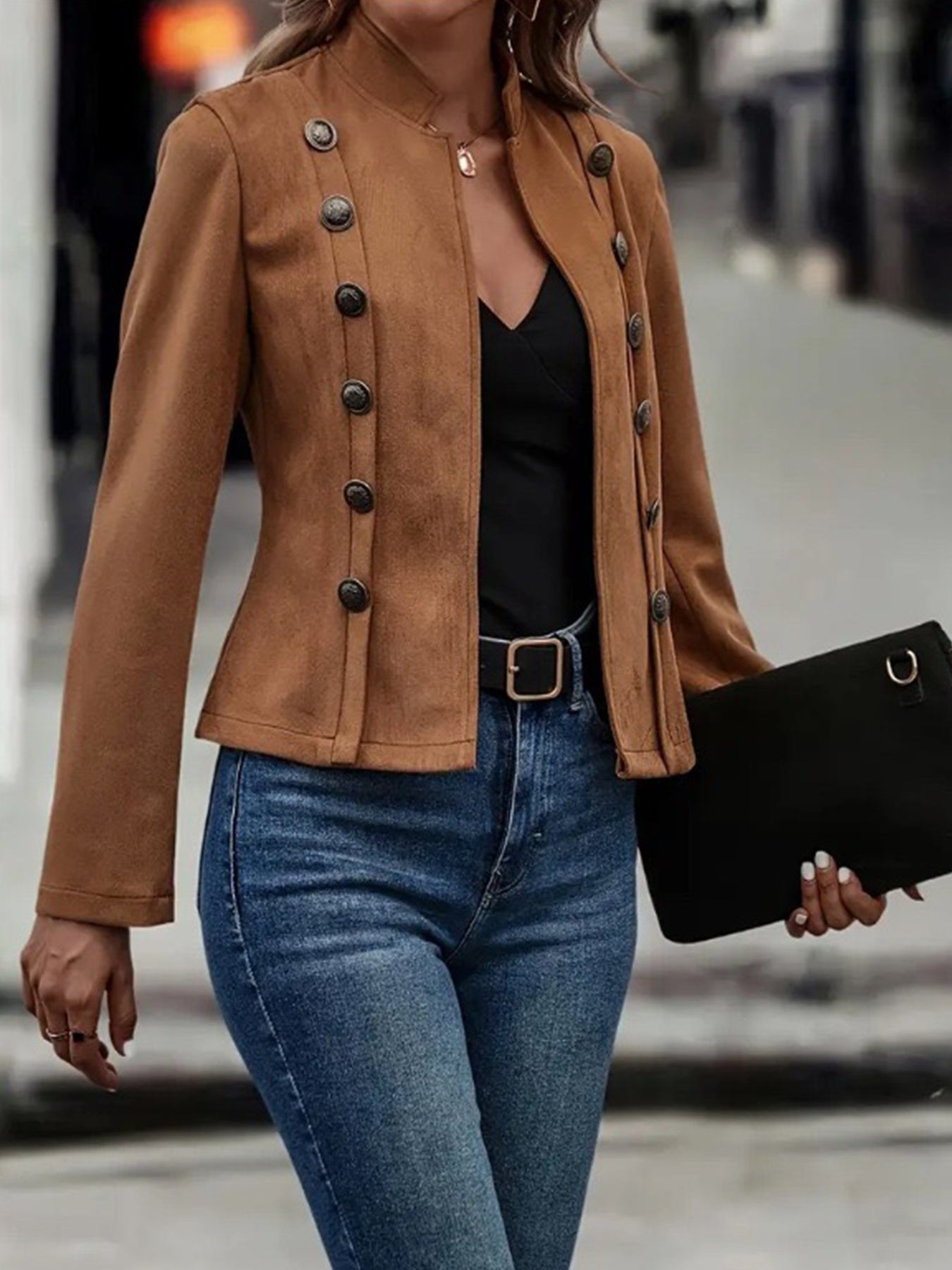 Brown Elegant Double-breasted Jacket - High Neck, Buttoned Placket, Micro-elastic, Street Style Solid Color