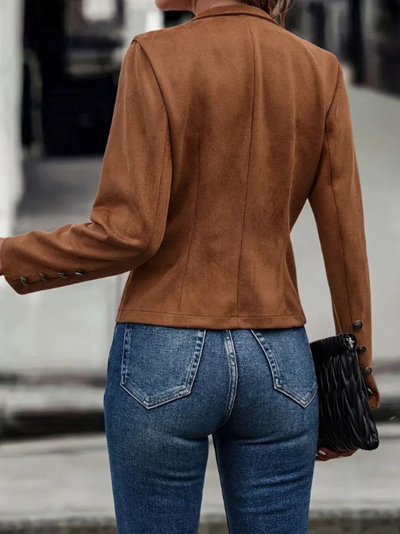 Brown Elegant Double-breasted Jacket - High Neck, Buttoned Placket, Micro-elastic, Street Style Solid Color