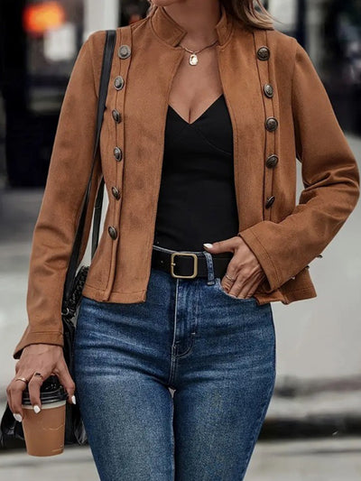 Brown Elegant Double-breasted Jacket - High Neck, Buttoned Placket, Micro-elastic, Street Style Solid Color