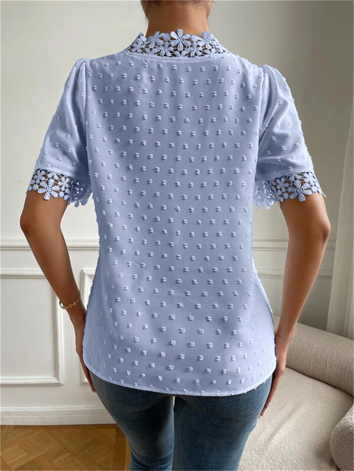 Floral Lace Short Sleeve Shirt V-Neck Top