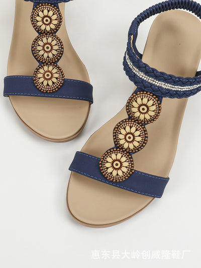 Retro Wooden Diamond Beaded Wedge Sandals Ethnic Style