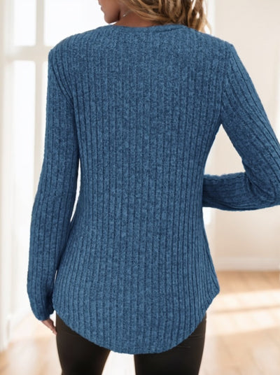 Ribbed Botton V Neck T-Shirt - Elegant Long Sleeve T-Shirt For Spring