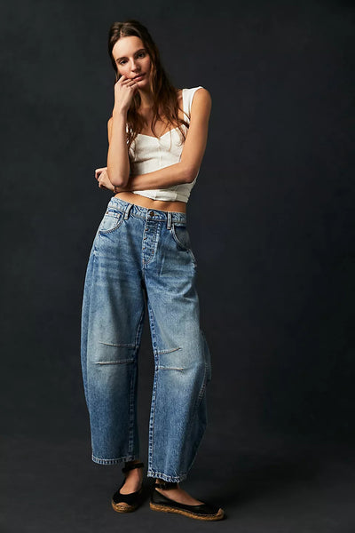 High Stretch Mid-Rise Barrel Jeans Fashion Wide Leg Shape Women Casual
