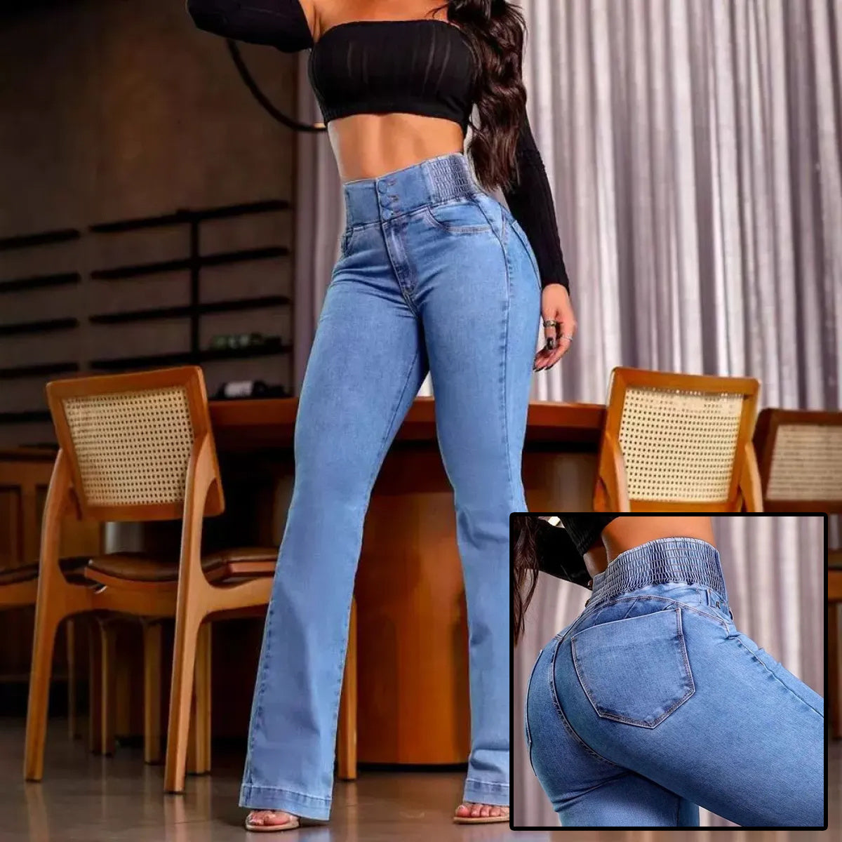 Elegant Casual Female Trouser Bottom Back Shirred Button Front High Waist Jeans