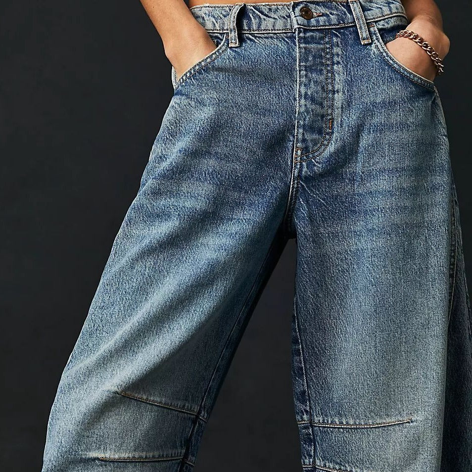 High Stretch Mid-Rise Barrel Jeans Fashion Wide Leg Shape Women Casual