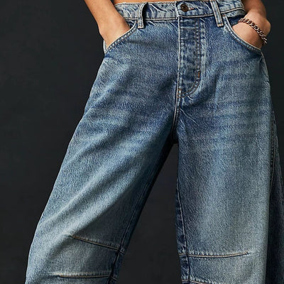High Stretch Mid-Rise Barrel Jeans Fashion Wide Leg Shape Women Casual