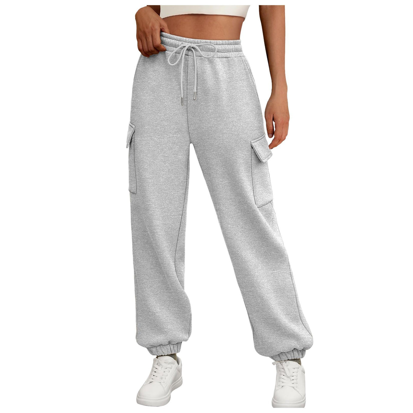 Thick Drawstring Cargo Sweatpants – High-Waist Soft Fleece Joggers with Pockets