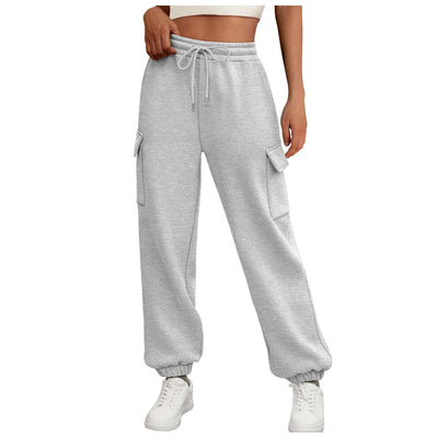 Thick Drawstring Cargo Sweatpants – High-Waist Soft Fleece Joggers with Pockets