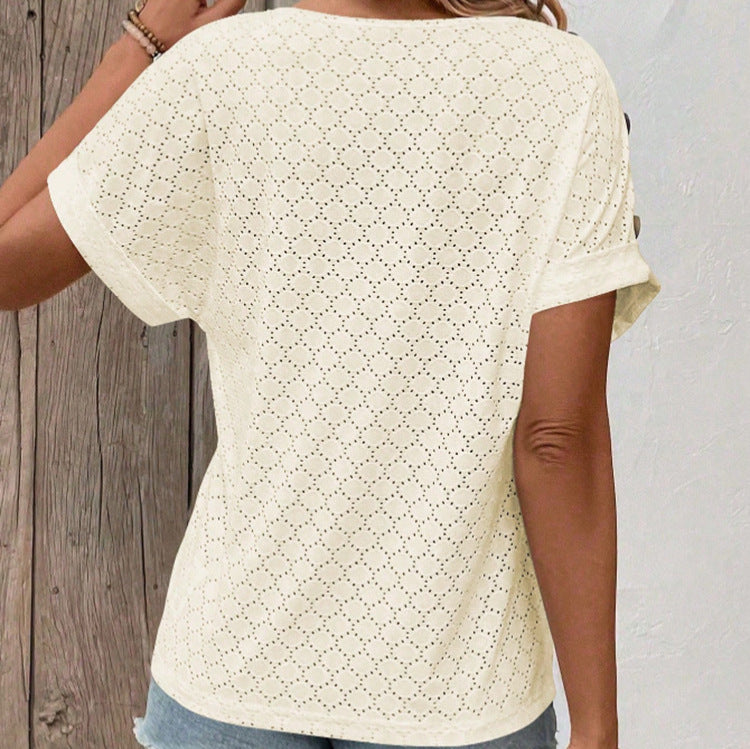 Button Solid Color Circle Loose Short Sleeve T-shirt