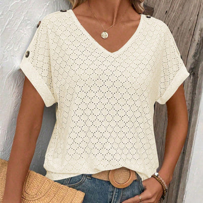 Button Solid Color Circle Loose Short Sleeve T-shirt