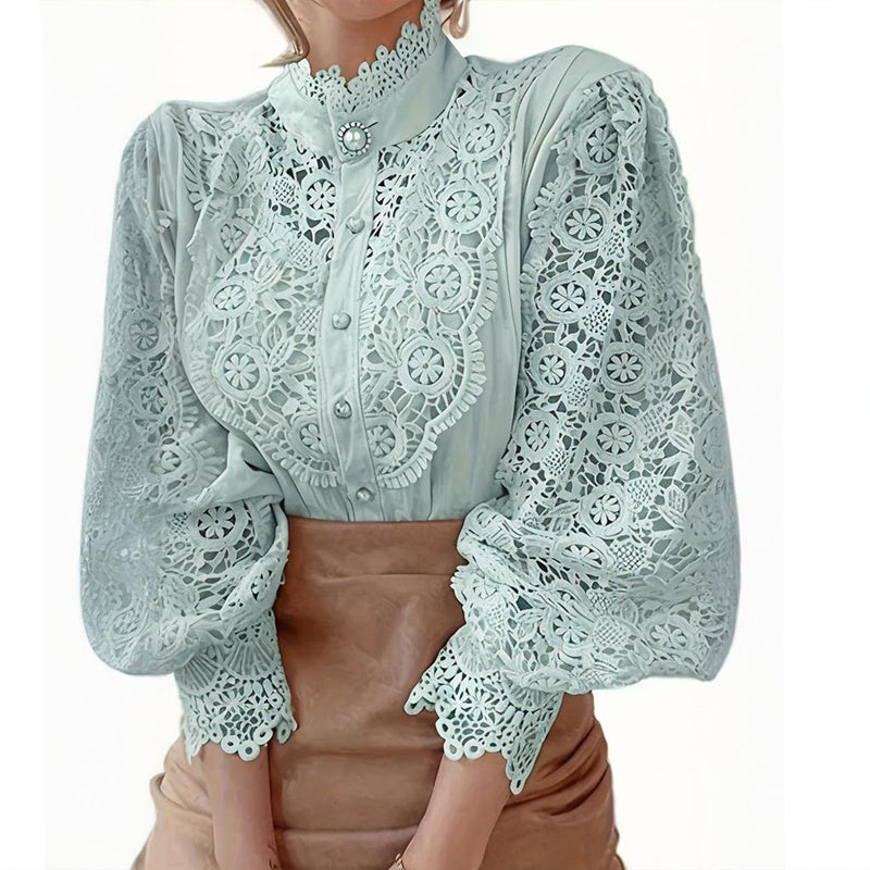 Vintage Pearl Button Lace Blouse - Puff Sleeve Semi-Sheer Ruffled Stand Collar Shirt