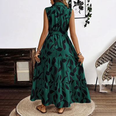 Women Sleeveless Boho Floral Button Shirt V Neck Flowy Belted Maxi Dress