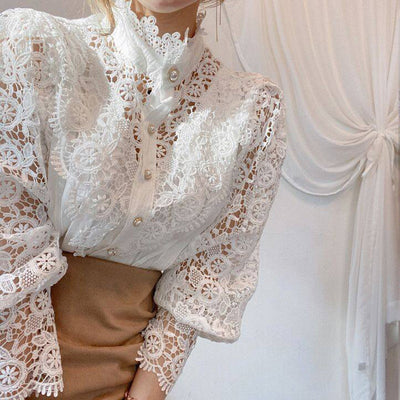 Vintage Pearl Button Lace Blouse - Puff Sleeve Semi-Sheer Ruffled Stand Collar Shirt
