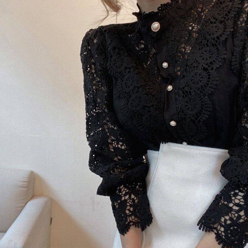Vintage Pearl Button Lace Blouse - Puff Sleeve Semi-Sheer Ruffled Stand Collar Shirt