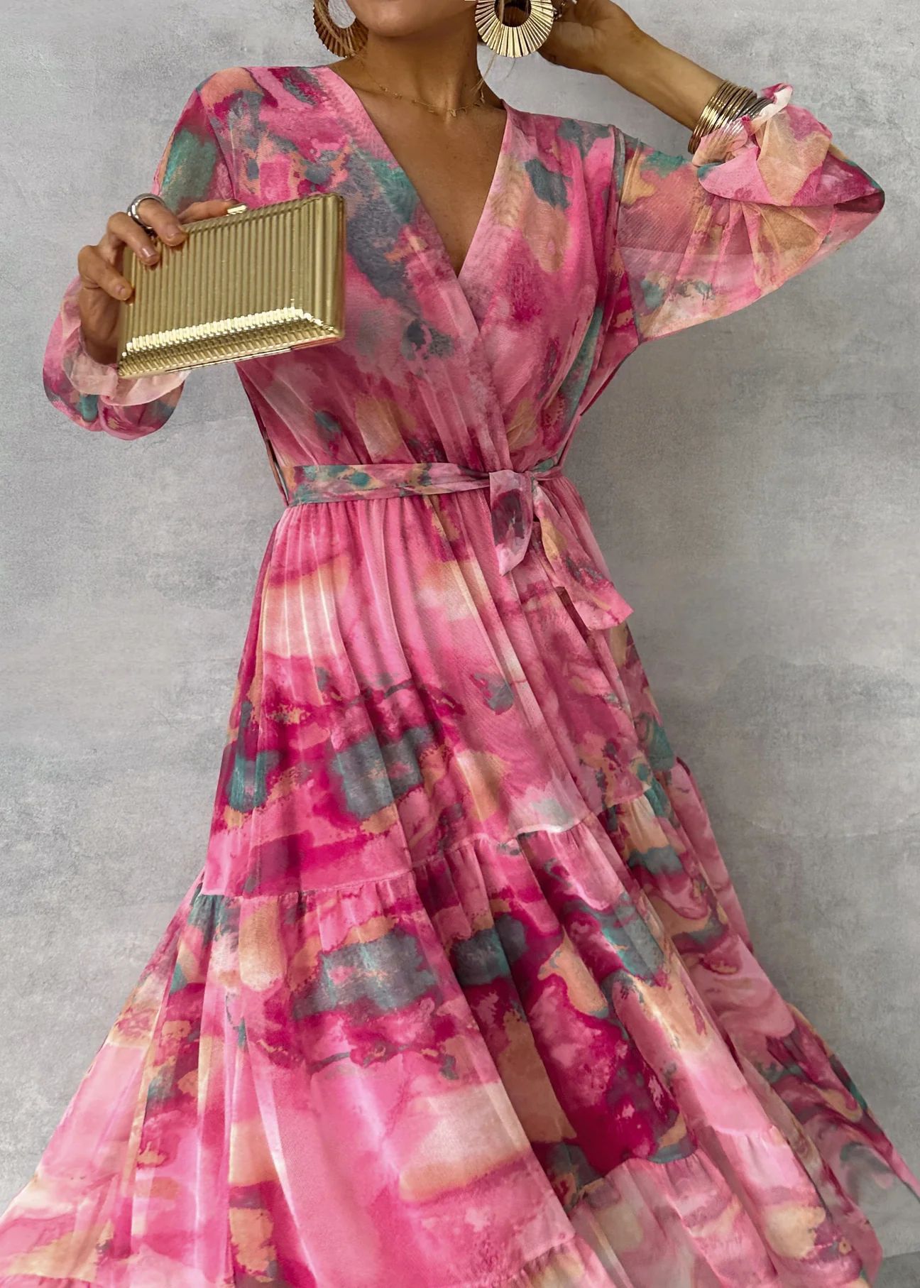 Long-sleeved Floral Print Dress Elegant V-neck Pleated High-waisted Maxi Dresses