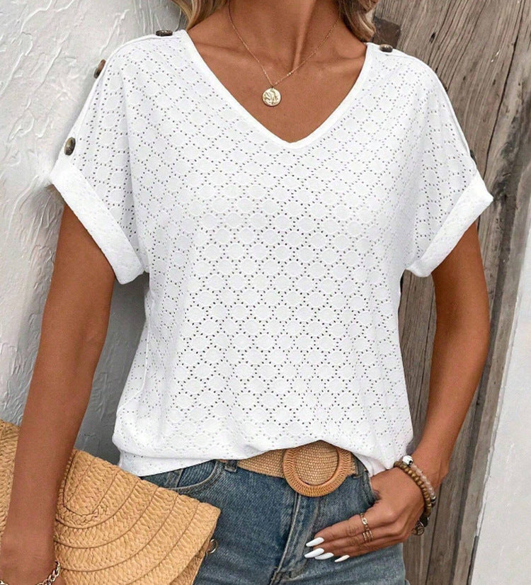 Button Solid Color Circle Loose Short Sleeve T-shirt