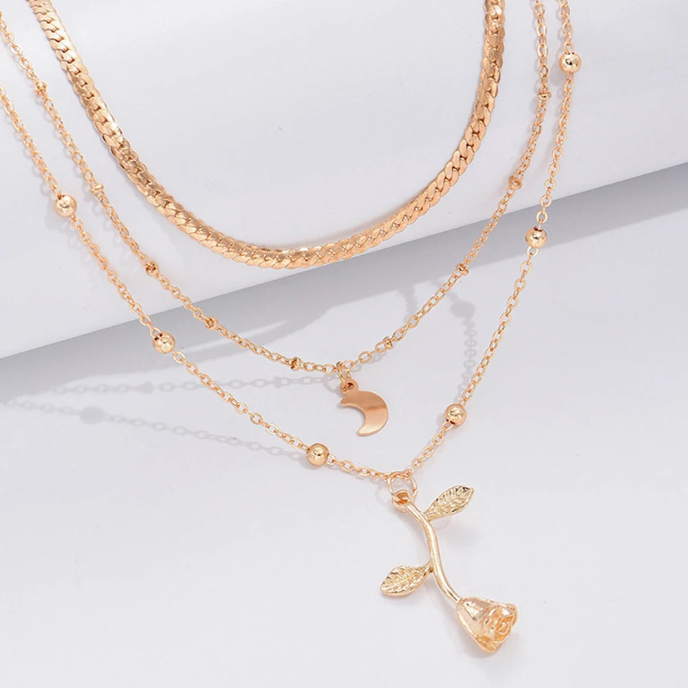 Bohemia Multilayer Moon Gold Color Pendant Necklaces For Women Rose Flower Choker Necklace 2025 Fashion Jewelry