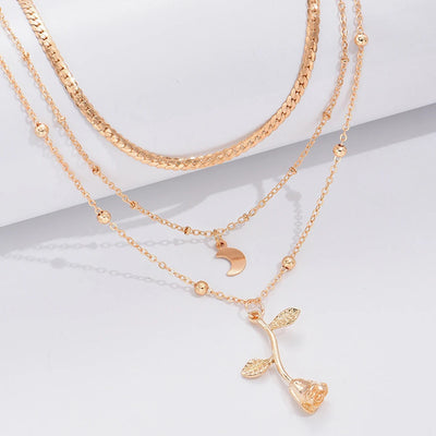 Bohemia Multilayer Moon Gold Color Pendant Necklaces For Women Rose Flower Choker Necklace 2025 Fashion Jewelry