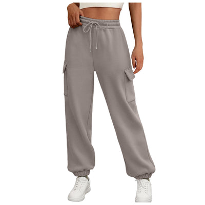 Thick Drawstring Cargo Sweatpants – High-Waist Soft Fleece Joggers with Pockets