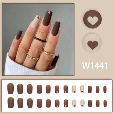 Warm Brown & Nude Love Nail Set – Medium Length | 24pcs