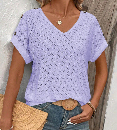 Button Solid Color Circle Loose Short Sleeve T-shirt