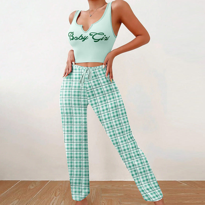 Spring Summer Women's Casual Pajamas Home Wear Vest Color Matching Plaid Trousers Letter Print Top Ladies 2 Pcs