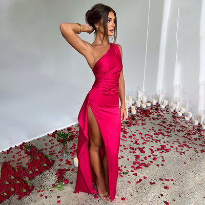 One-shoulder Backless Slit Dress Summer Elegant Slim-fit Solid Color Satin