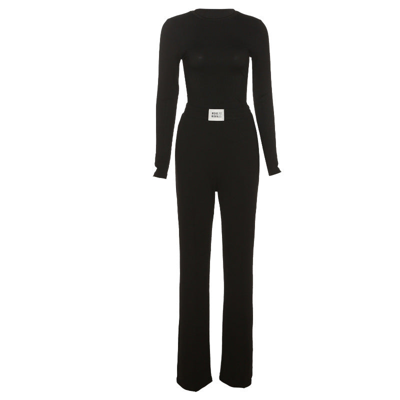 Fashion Round Neck Long Sleeve Solid Color T-shirt Slim Straight Trouser Set